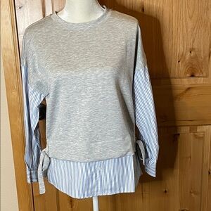Adrienne Vittadini Heather Gray Top with Blue-White Striped Sleeves